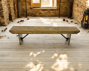 Rustic Wooden Bench: Folding Metal Legs, 6ft Long