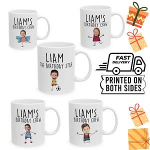 Caneca personalizada com foto para aniversário infantil, boneco palito, estrela e equipe | Caneca com nome personalizado | Lembrancinha de festa | Caneca com rosto de desenho animado