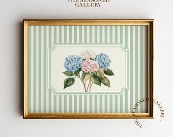 Dusty Pink Hydrangea Botanical Printable, Striped Green Grandmilenial Floral Wall Art, Vintage Coquette Decor, Preppy Girly Apartment  H_88