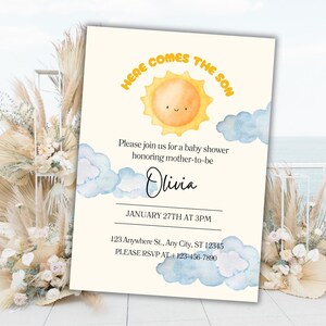 Sun baby shower uitnodiging, hier komt de zoon baby shower uitnodiging, baby boy shower uitnodigen, Sun baby shower uitnodigen bewerkbare sjabloon