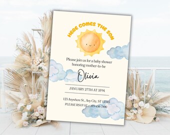 Here Comes the Son Baby Shower Invitation: Editable Sun Template (5x7, A5, Square) (Digital Download