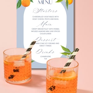 Orangenblüten Aperol Spritz Menü | Mediterran Themen Canva Vorlage | Bearbeitbar und druckbar | Brautparty Menü Inspiration