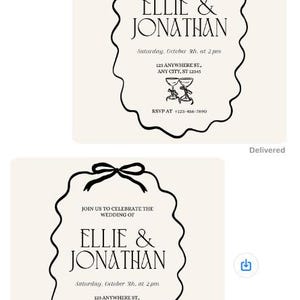 May include: A black and white wedding invitation with a decorative border. The invitation reads "Join us to celebrate the wedding of Ellie & Jonathan" with the date and time of the wedding, the address, and RSVP information.