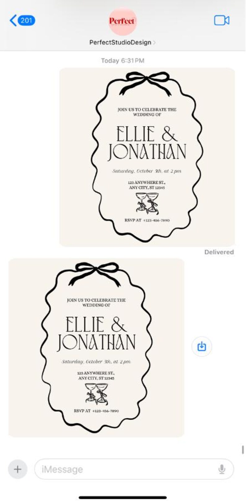 May include: A black and white wedding invitation with a decorative border. The invitation reads "Join us to celebrate the wedding of Ellie & Jonathan" with the date and time of the wedding, the address, and RSVP information.