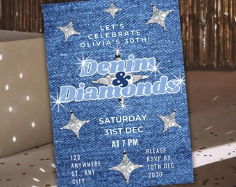 Denim and Diamonds Party Invitation: Blue & Silver Glam (Instant Download)