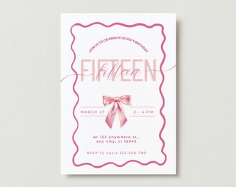 Coquette Pink 15th Birthday Invitation Girl | Mobile 16th Birthday Dinner Invite | Pretty Pink Bow Teen Party | Canva Editable Template
