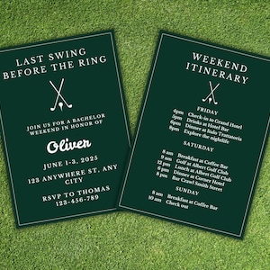 Modello di invito e itinerario per festa di compleanno di addio al celibato a tema golf - Download digitale per addio al celibato - Invito Canva modificabile per gli amanti del golf