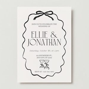 May include: Black and white wedding invitation with a decorative border. The invitation reads "Join us to celebrate the wedding of Ellie & Jonathan" and includes the date, time, and location of the wedding. RSVP information is also included.