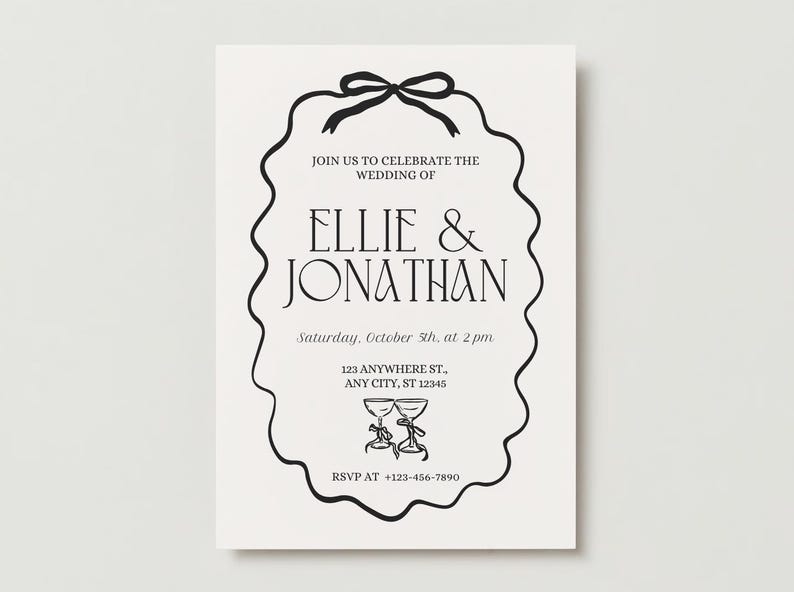 May include: Black and white wedding invitation with a decorative border. The invitation reads "Join us to celebrate the wedding of Ellie & Jonathan" and includes the date, time, and location of the wedding. RSVP information is also included.
