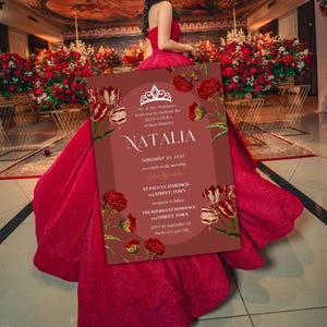 Rote Quinceaña Einladung | Elegante Sweet 15 Invite | Gold & Rote Quitte Vorlage | Bearbeitbarer digitaler Download | Mis Quitte Fiesta | Blumen