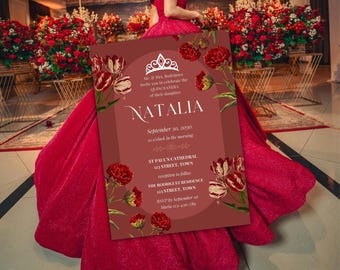 Red Floral Quinceañera Invitation: Elegant Sweet 15 Template (Digital Download)