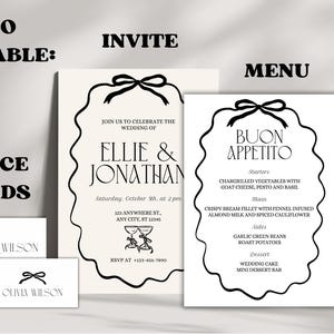 May include: Black and white wedding invitation suite with a menu card. The invitation features a black bow and the text "Ellie & Jonathan". The menu card features a black bow and the text "Buon Appetito".