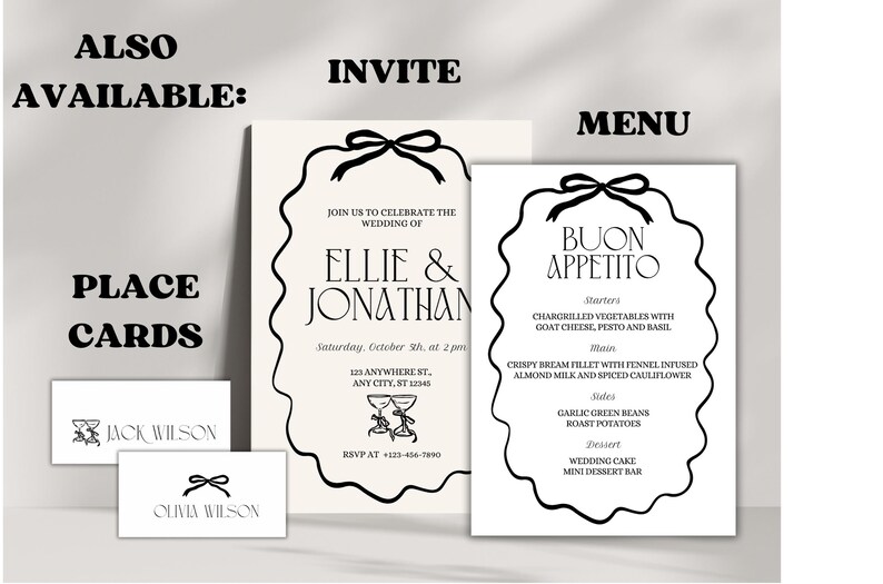 May include: Black and white wedding invitation suite with a menu card. The invitation features a black bow and the text "Ellie & Jonathan". The menu card features a black bow and the text "Buon Appetito".