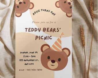 Teddy Bears Picnic Invitation | Digital Template | Cute Bear Birthday Invite | Editable Canva | Kids Party Invitation | Instant Download