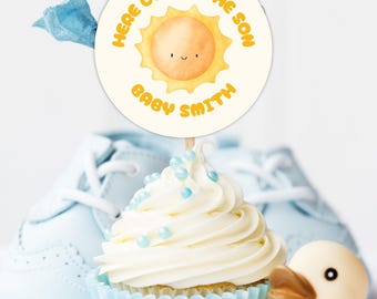 Hier kommt der Sohn Cupcake Toppers: Sonne Thema Babyparty (Digitaler Download)