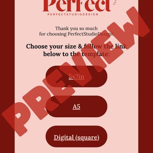May include: A pink and red printable template with the text "Perfect" and "PerfectStudioDesign". The text "Thank you so much for choosing PerfectStudioDesign!" is also included. The template offers three size options: 5x7in, A5, and Digital (square).