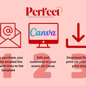 May include: A three-step guide to using a printable template. Step 1: After purchase, you will be emailed a PDF with links to the template. Step 2: Edit and customize the template to your event using Canva. Step 3: Download the file and print it at your local print shop.