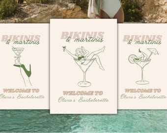 Bikinis and Martinis Welcome Sign | Editable Bachelorette Party Sign | 8.5x11” A4 Canva Template | Pool Party Printable | Beach Party