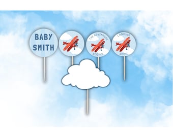 Vliegtuig babyshower cupcake toppers: bewerkbare canvassjabloon (digitale download A4/US Letter)