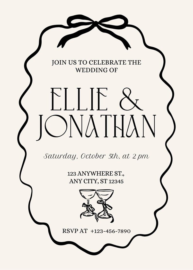 May include: Black and white wedding invitation with a decorative border. The invitation reads "Join us to celebrate the wedding of Ellie & Jonathan" and includes the date, time, and location of the wedding.