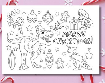 Christmas Dinosaur Dino Activity Placemat, Colouring Coloring Pages, Kids Christmas Party Table Activity Printable PDF INSTANT DOWNLOAD