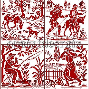 Cross stitch - 4 fables by Jean de la Fontaine - Embroidery design - PDF chart - Redwork