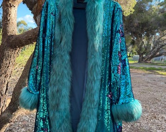 Reversible Blue and Purple Sequin Jacket with a blue fur trim : Unisex Festival Wear