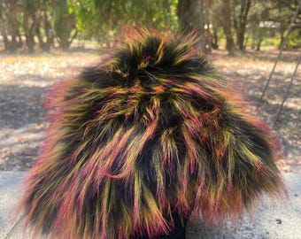 Fluffy Faux Fur Hat: Burnt Orange/Black Velvet Lined Festival Hat