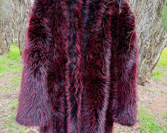 Burgundy Plush Faux Fur Statement Jacket: Festival Outerwear, Velvet Lined