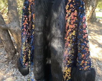Sequin & Fur Trim Jacket: Black Velvet Lined Festival Coat