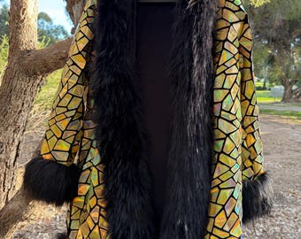 Holographic Sequin & Fur Trim Jacket - Unisex Festival Wear