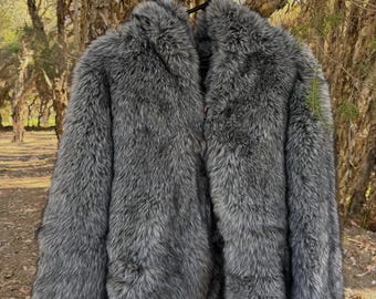 Grey soft faux fur hooded jacket with zip closure