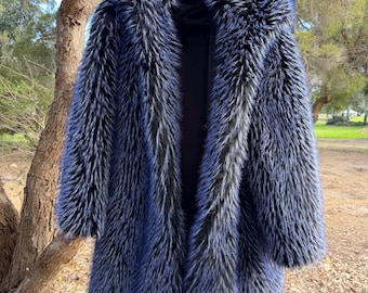 Blue Tip Plush Faux Fur Statement Jacket: Festival Outerwear, Velvet Lined