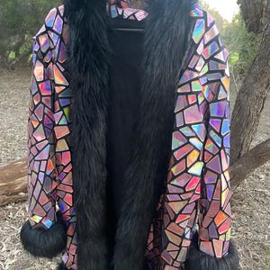 Unisex premium quality size XL holographic purple sequin & fur trim jacket !