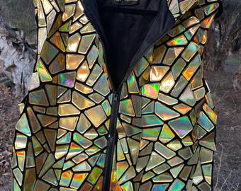 Exciting gold metallic holographic lightweight hooded vest with a super soft velvet lining !!