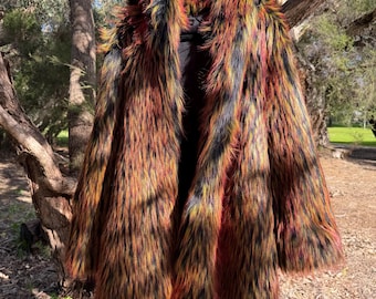 Burnt Orange Faux Fur Statement Coat: Festival Outerwear, Velvet Lined size XL