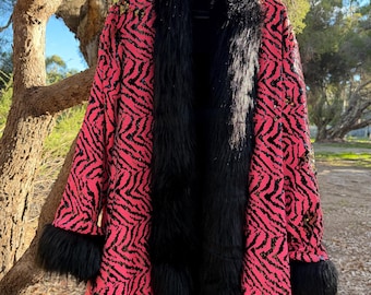 Statement hot orange and gold Sequin Jacket with fur trim : Unisex Festival Wear