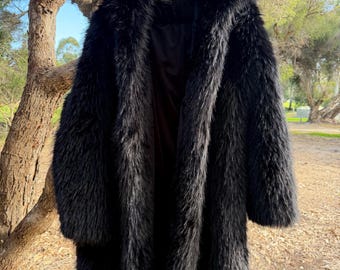Incredible Black Plush Faux Fur Statement Jacket: Festival Outerwear, Velvet Lined