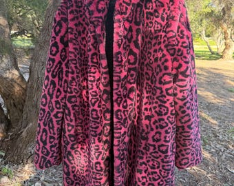 Pink Leopard Print Faux Fur Hooded Jacket: Sherpa Lined