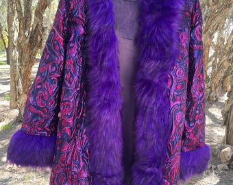 Metallic Brocade Festival Jacket: Purple Fur Trim, Velvet Lined