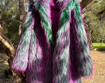 Pink Tip heavy Faux Fur Statement Coat: Festival Outerwear, Velvet Lined size M/L