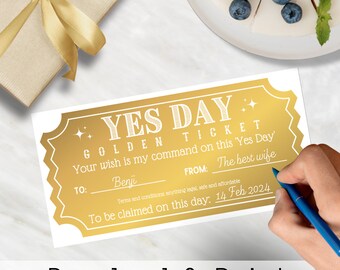 YES DAY Golden Ticket Gift Voucher Printable Last Minute Valentines Coupon Best Gift for Husband Vday Surprise Gift for Boyfriend Date Night