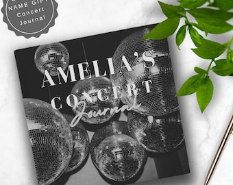 May include: Black and white photo of a journal with the text "Amelia's Concert Journal" on the cover. The background of the cover is a series of disco balls.
