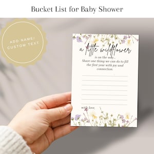 Wildblumen Baby Shower Bucket Liste druckbare Vorlage | Babyparty-Aktivität für das Gästebuch | Eine kleine Wildblume ist unterwegs