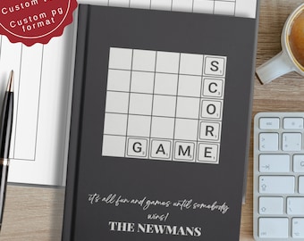 Puede incluir: Una libreta negra con una cuadrícula blanca y las palabras "GAME" y "SCORE" impresas en ella. La libreta también tiene el texto "it's all fun and games until somebody wins!" y "THE NEWMANS" impreso en ella.