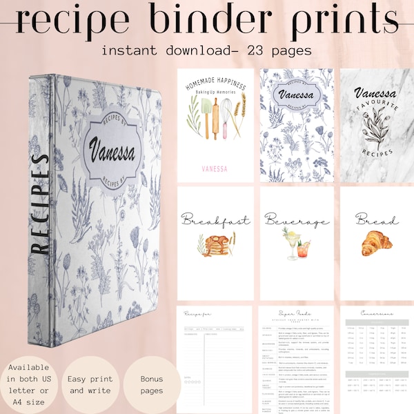 Cookbook Recipe Binder Printable Write Your Own Recipes Organizer Personalize Name Watercolor A4 and Letter Size Farmhouse Style Easy To Use
