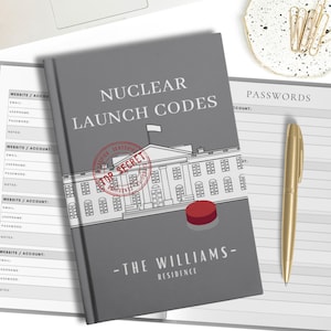 Può includere: Un quaderno grigio con il titolo "Codici di lancio nucleare" e un timbro rosso "Top Secret". Il quaderno presenta un'illustrazione in bianco e nero della Casa Bianca con un pulsante rosso. Il testo "The Williams Residence" è stampato sotto l'illustrazione.