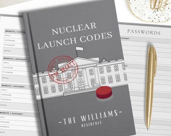 May include: A gray notebook with the title "Nuclear Launch Codes" and a red "Top Secret" stamp. The notebook features a black and white illustration of the White House with a red button. The text "The Williams Residence" is printed below the illustration.
