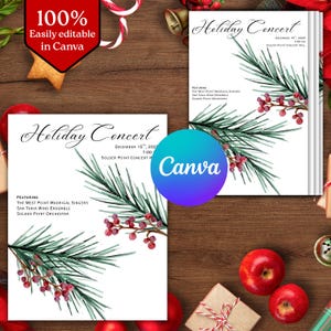 Puede incluir: Folletos de conciertos navideños con texto, con un diseño de acuarela de ramas de pino y bayas rojas. Los folletos incluyen el texto "Holiday Concert", fecha, hora y lugar. El logotipo de Canva también es visible.