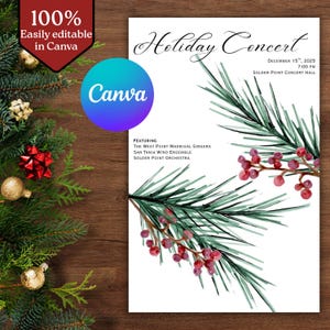 Puede incluir: Un folleto blanco para un concierto navideño, con ilustraciones de acuarela de ramas de pino y bayas rojas. El folleto incluye el texto "Holiday Concert" y los detalles del evento. El logotipo de Canva es visible.